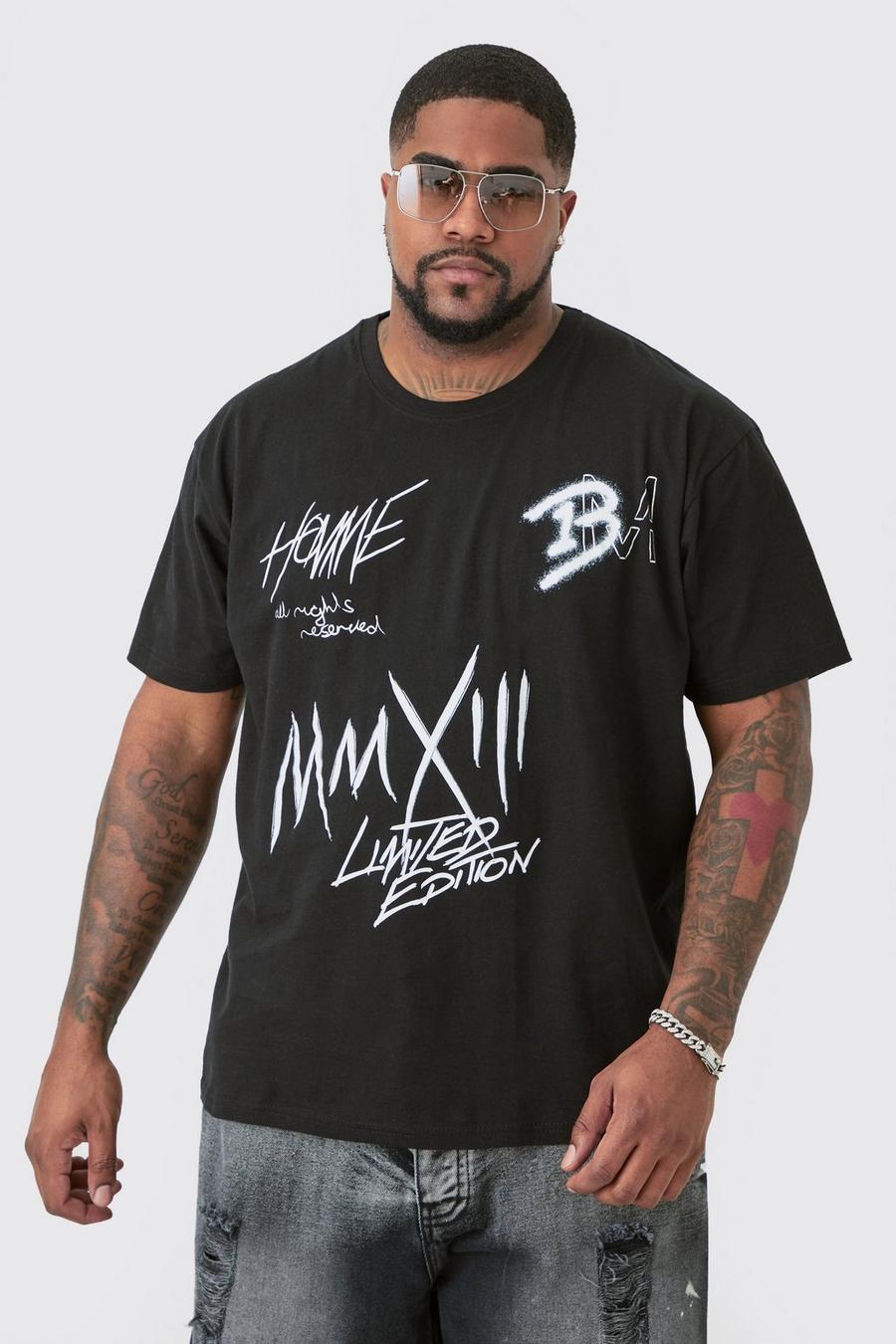Camiseta Plus negra con estampado gráfico de grafiti, Black