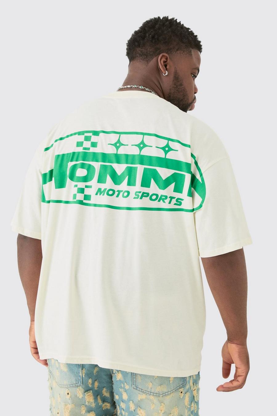 Plus T-Shirt mit Homme Moto Sport Print, Ecru