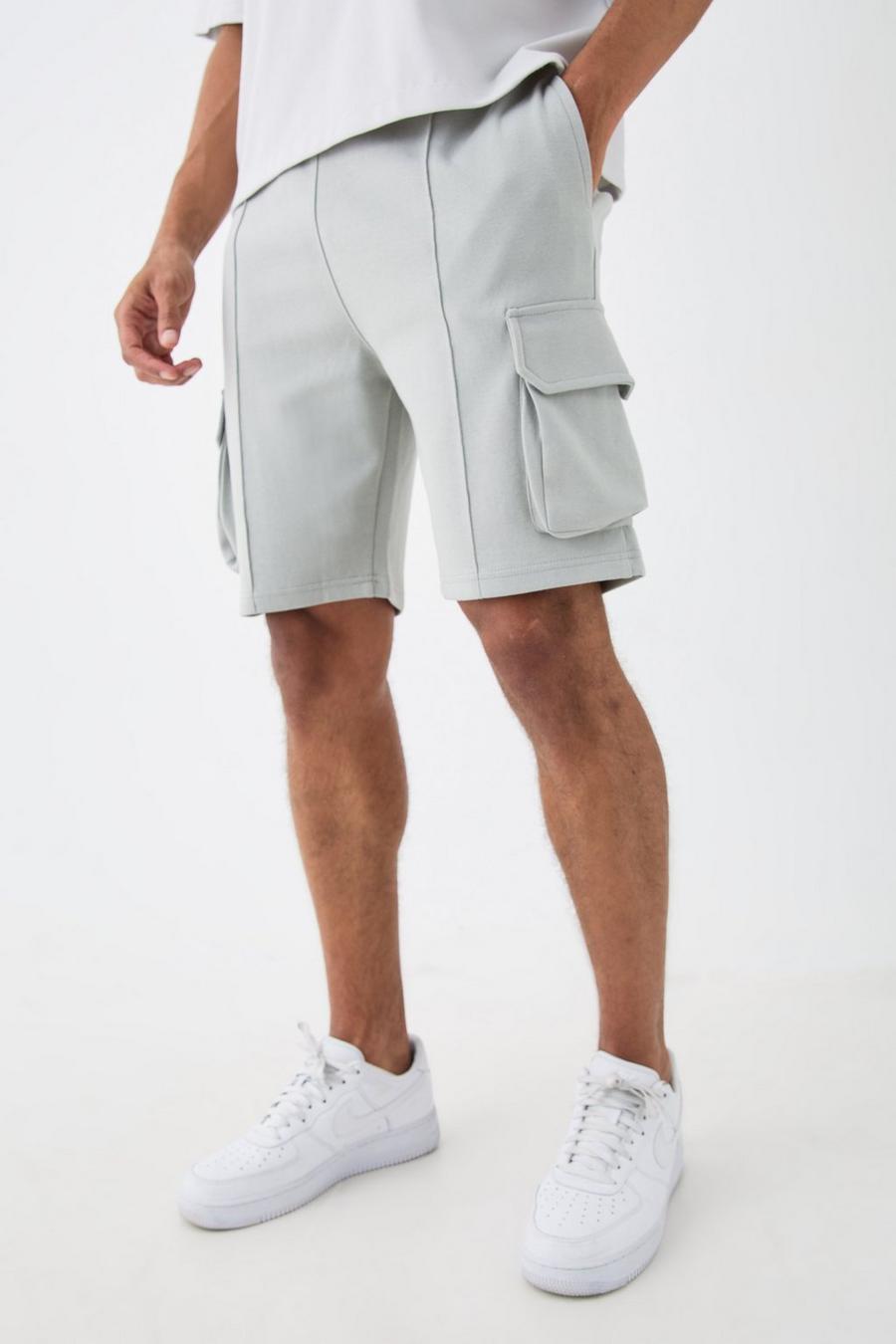 Slim Fit Interlock Pintuck Detail Cargo Shorts, Light grey