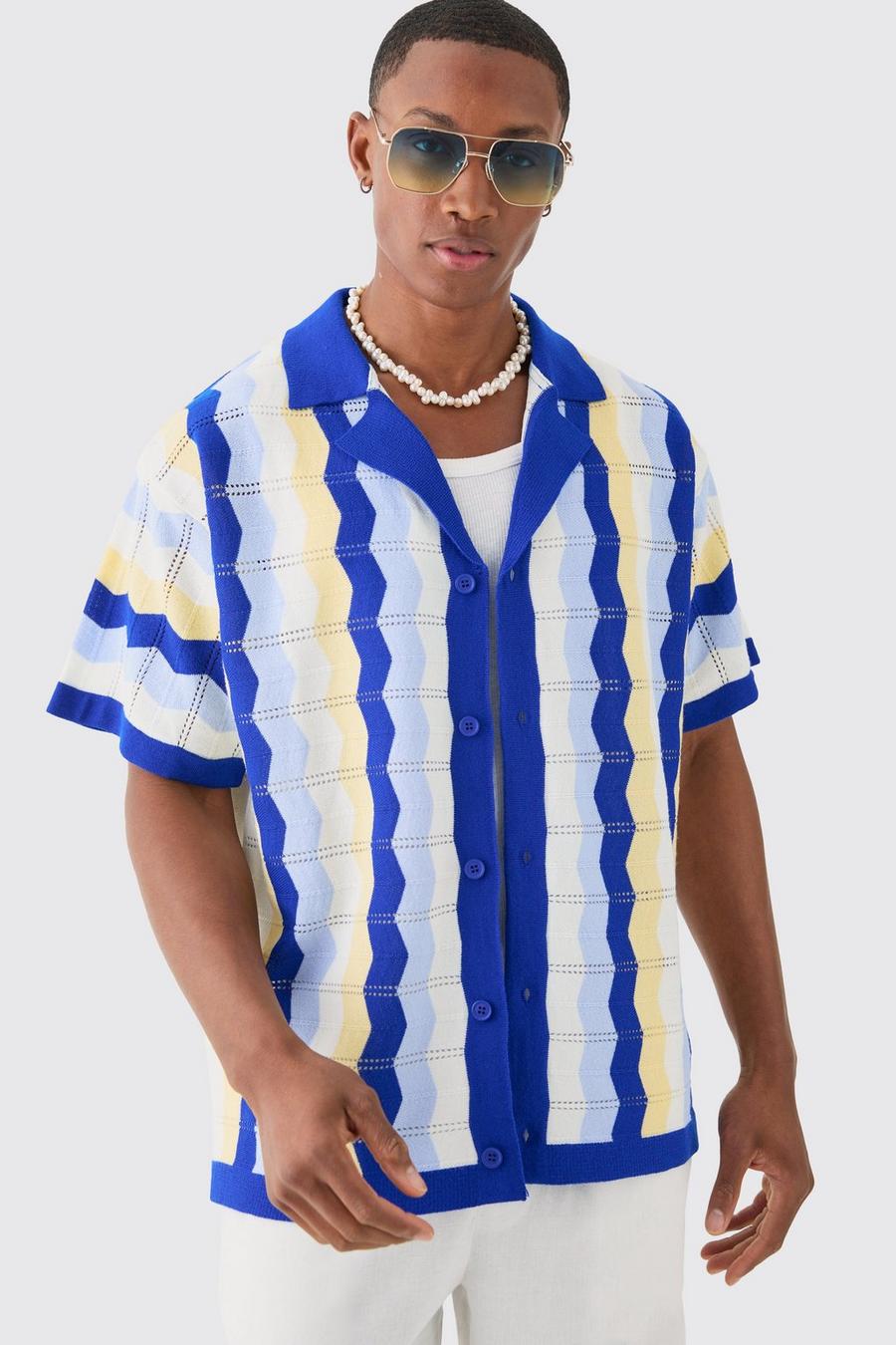 Oversized Boxy Revere Open Knit Stripe Shirt In Blue