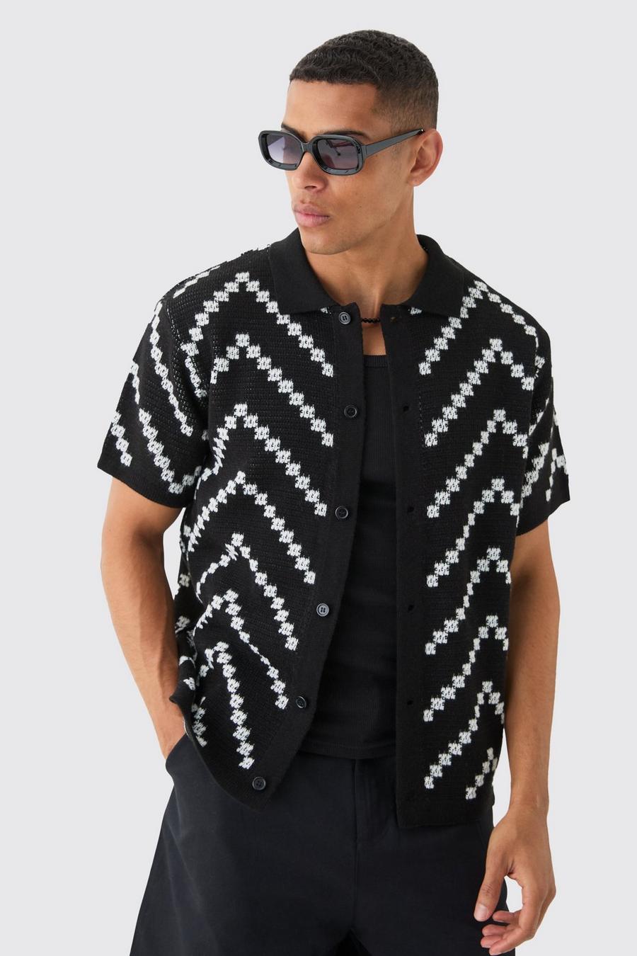 White Open Knit Stripe Shirt In Black image number 1