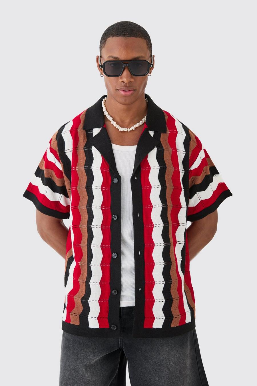Oversized Boxy Revere Open Knit Stripe Shirt In Red image number 1