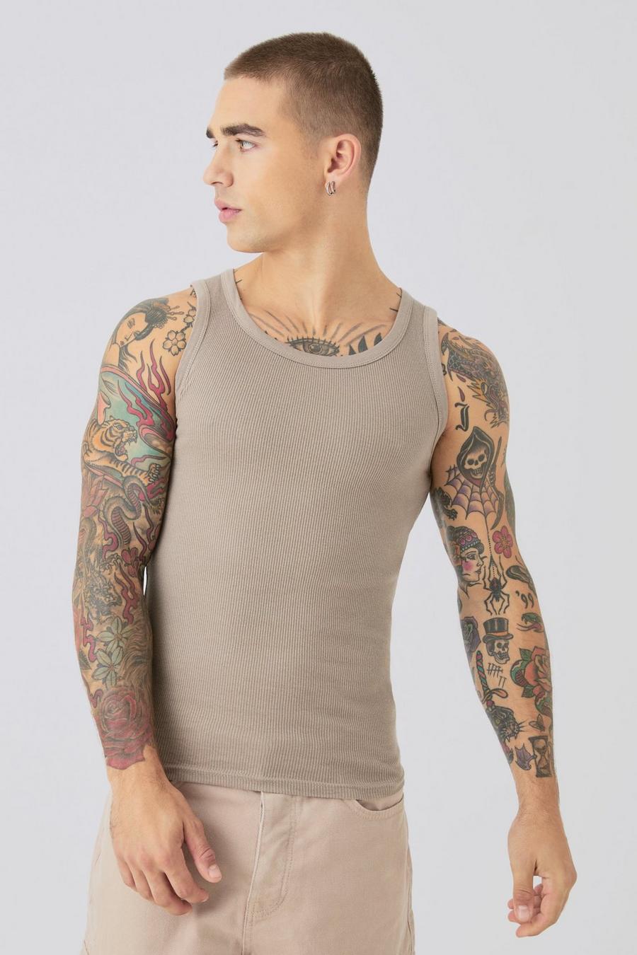 Taupe Muscle Fit Ribbed Vest image number 1