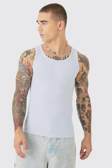 Blue Muscle Fit Ribbed Tank Top