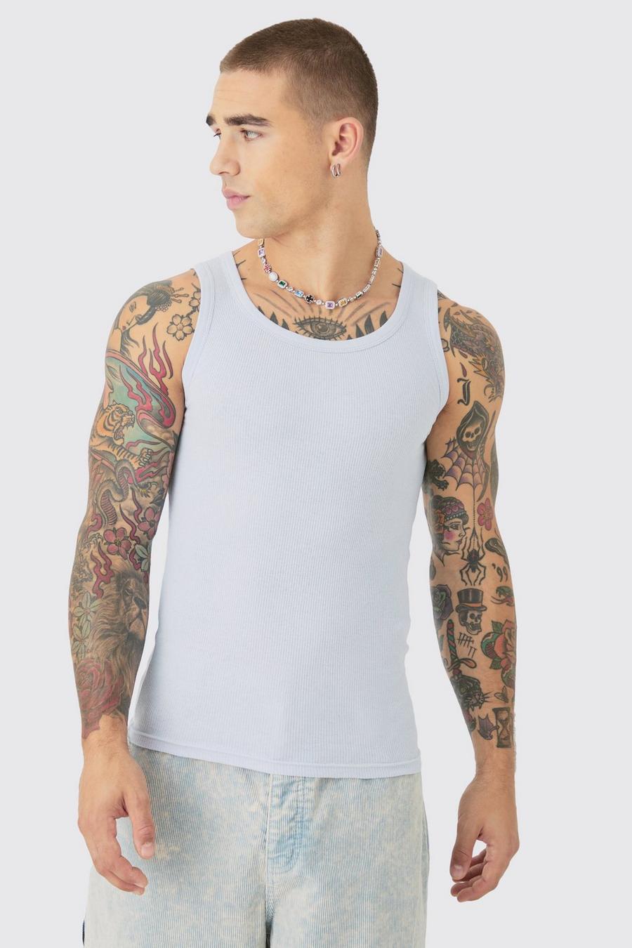 Ice blue Muscle Fit Ribbed Vest image number 1