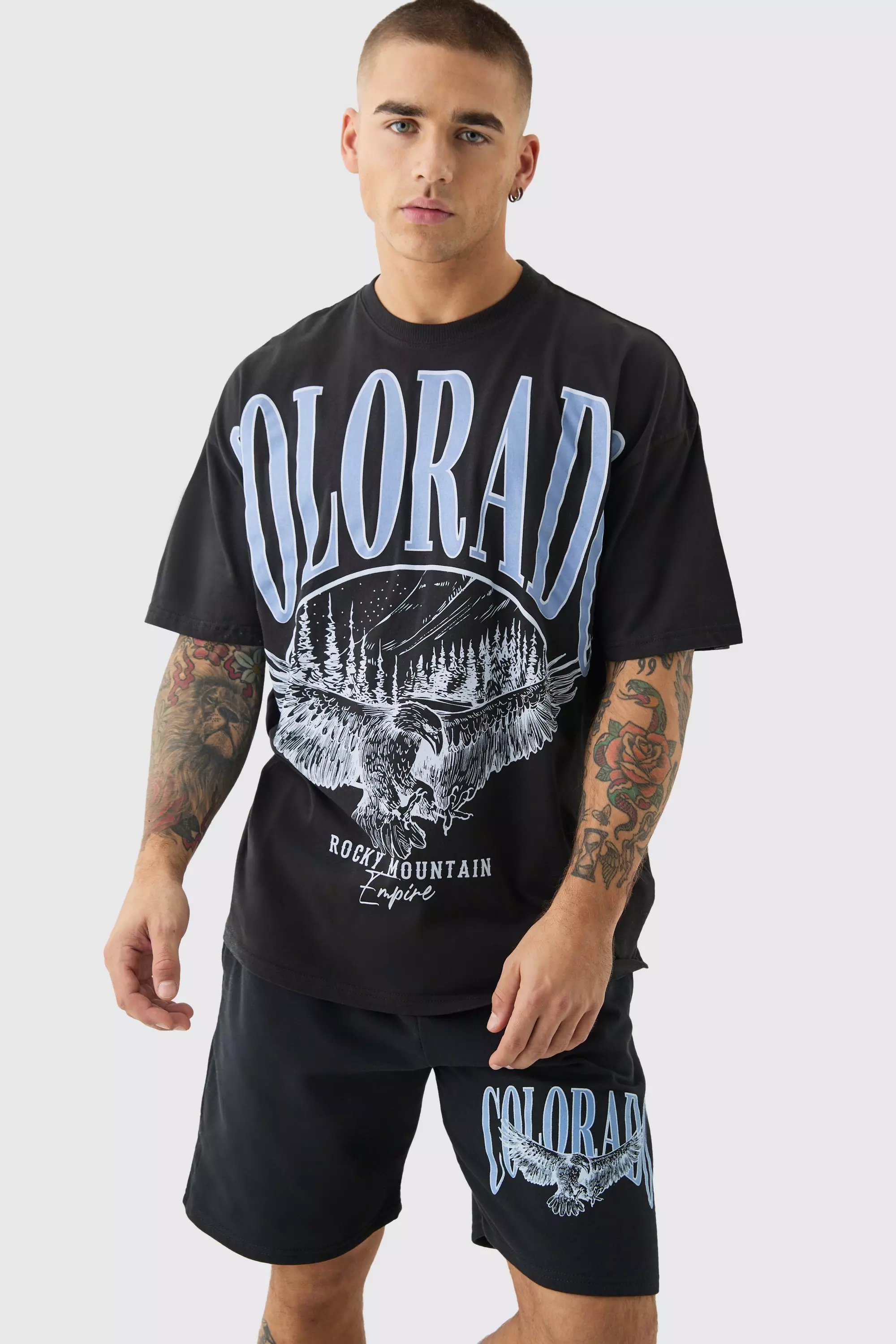 Black Oversized Extended Neck Colorado Large Graphic Shorts Set alternative image