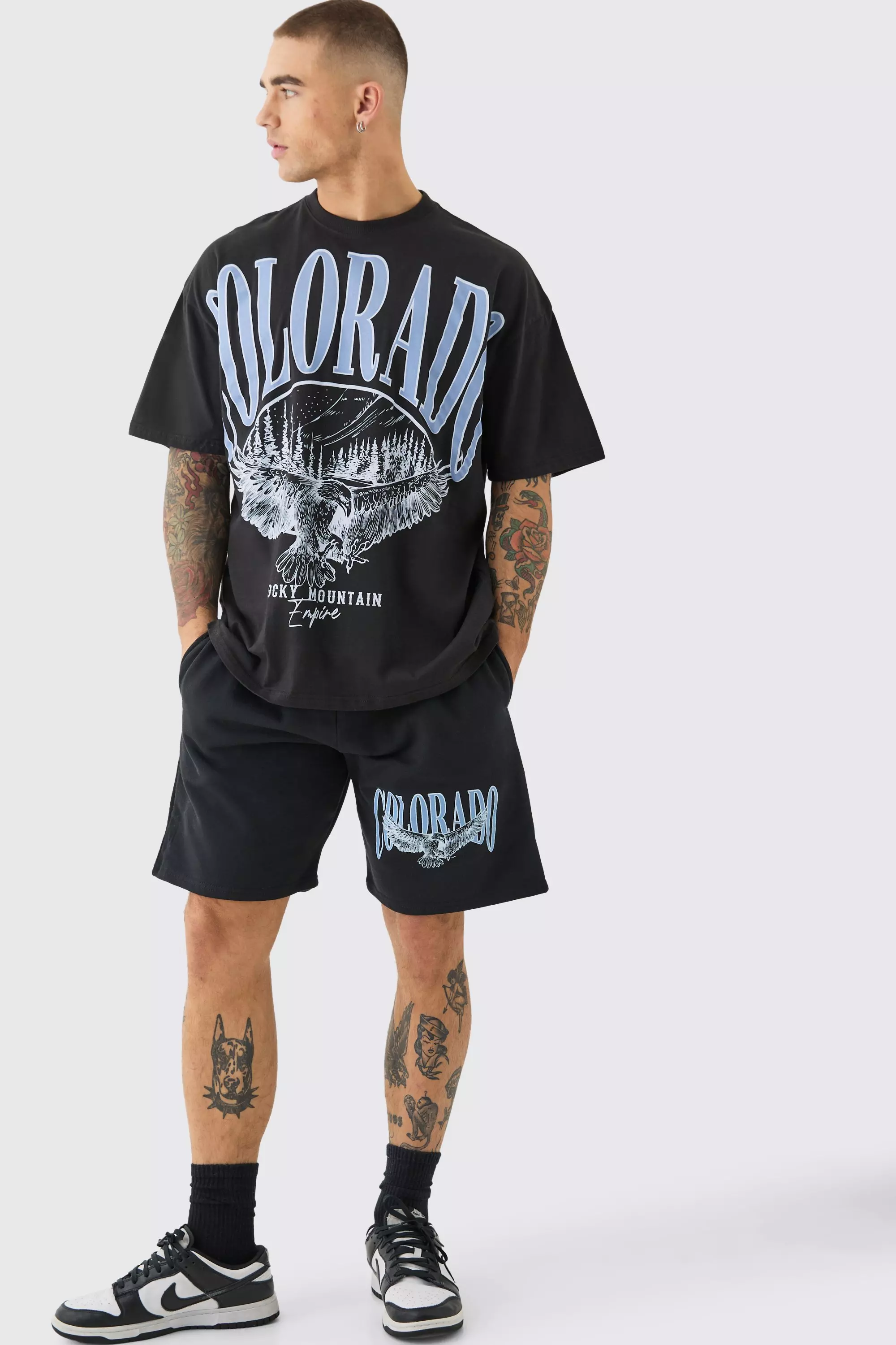 Black Oversized Extended Neck Colorado Large Graphic Shorts Set alternative image