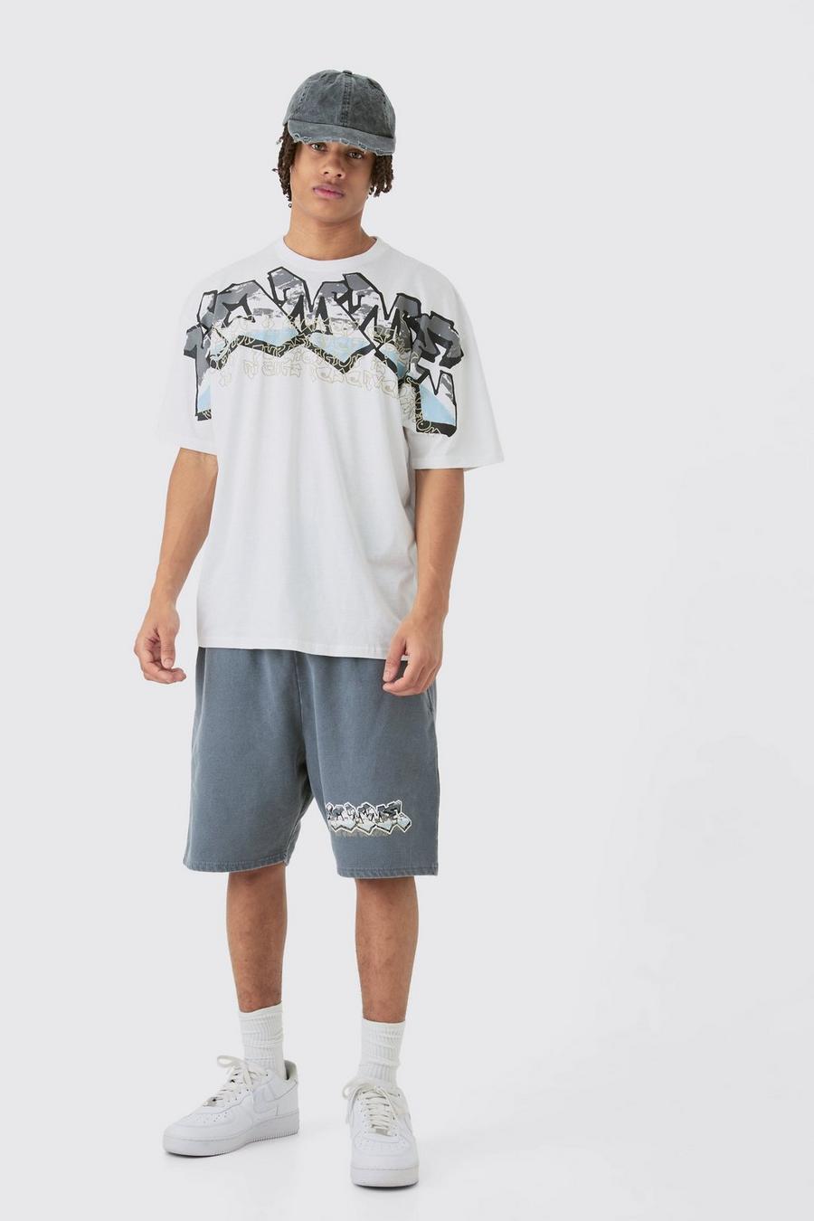 Oversize Shorts-Set mit Homme Graffiti Print, Charcoal