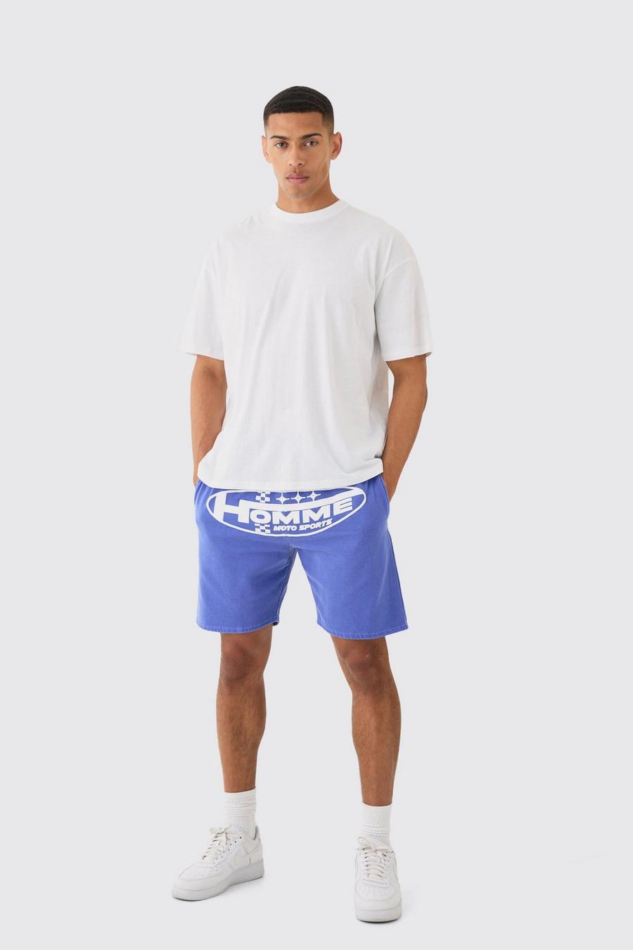 Oversize Shorts-Set mit Homme Moto Print, Cobalt