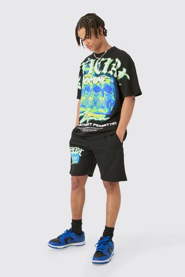 Oversized Extended Neck Skull Large Graphic Shorts Set black