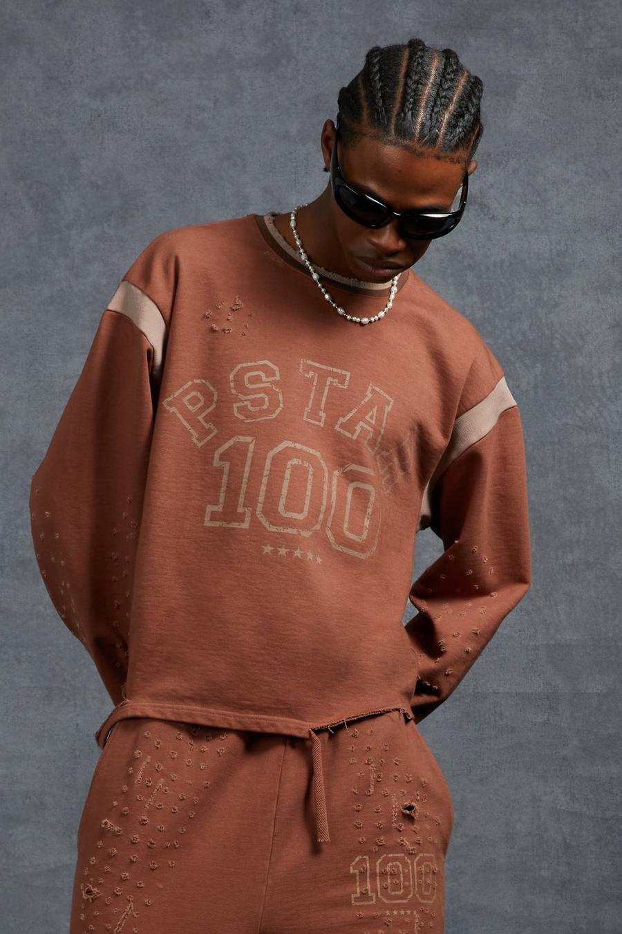 Brown Gunna Oversized Cropped Sweatshirt with 100 Print image number 1