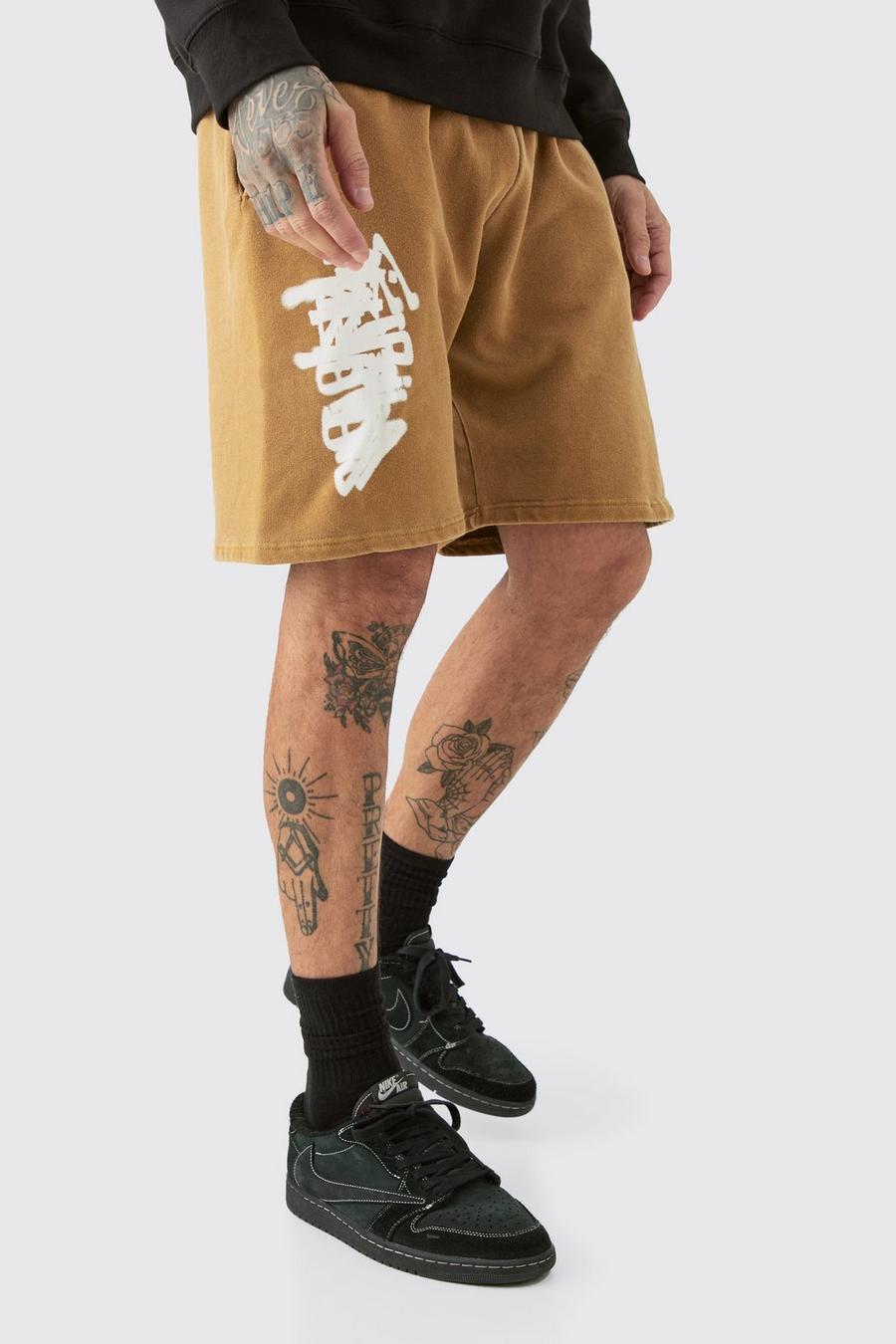 Brown Tall Baggy Overdye Jersey Graffiti Shorts image number 1
