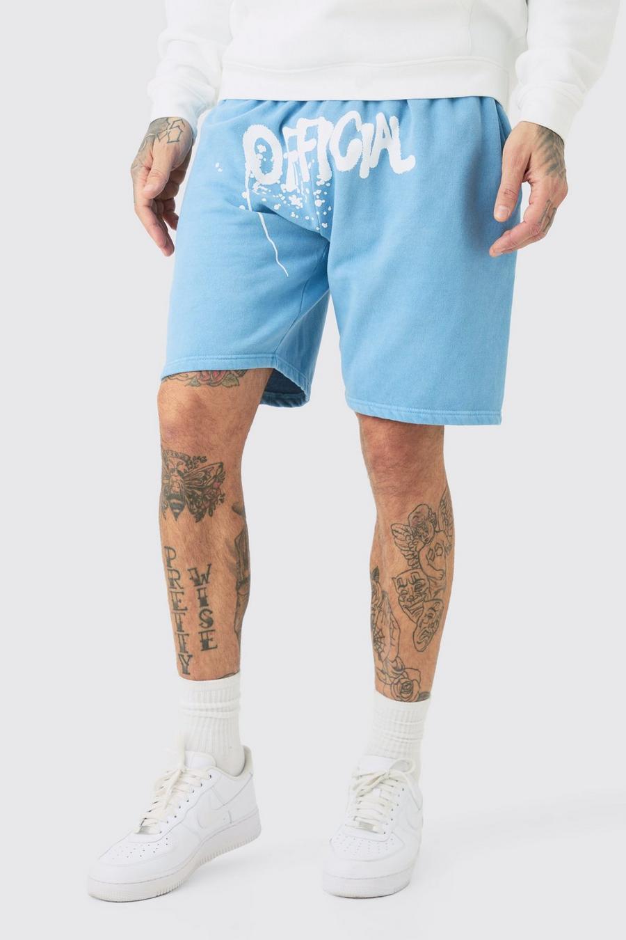 Pantalón corto Tall holgado Official sobreteñido de tela jersey con grafiti, Light blue