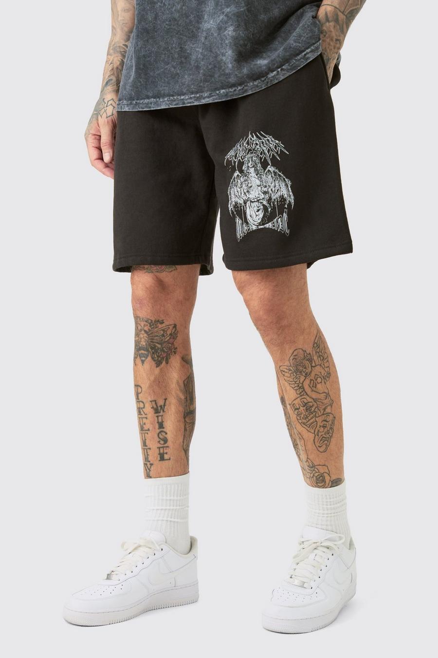 Black Tall Oversized Fit Gothic Print Jersey Shorts image number 1