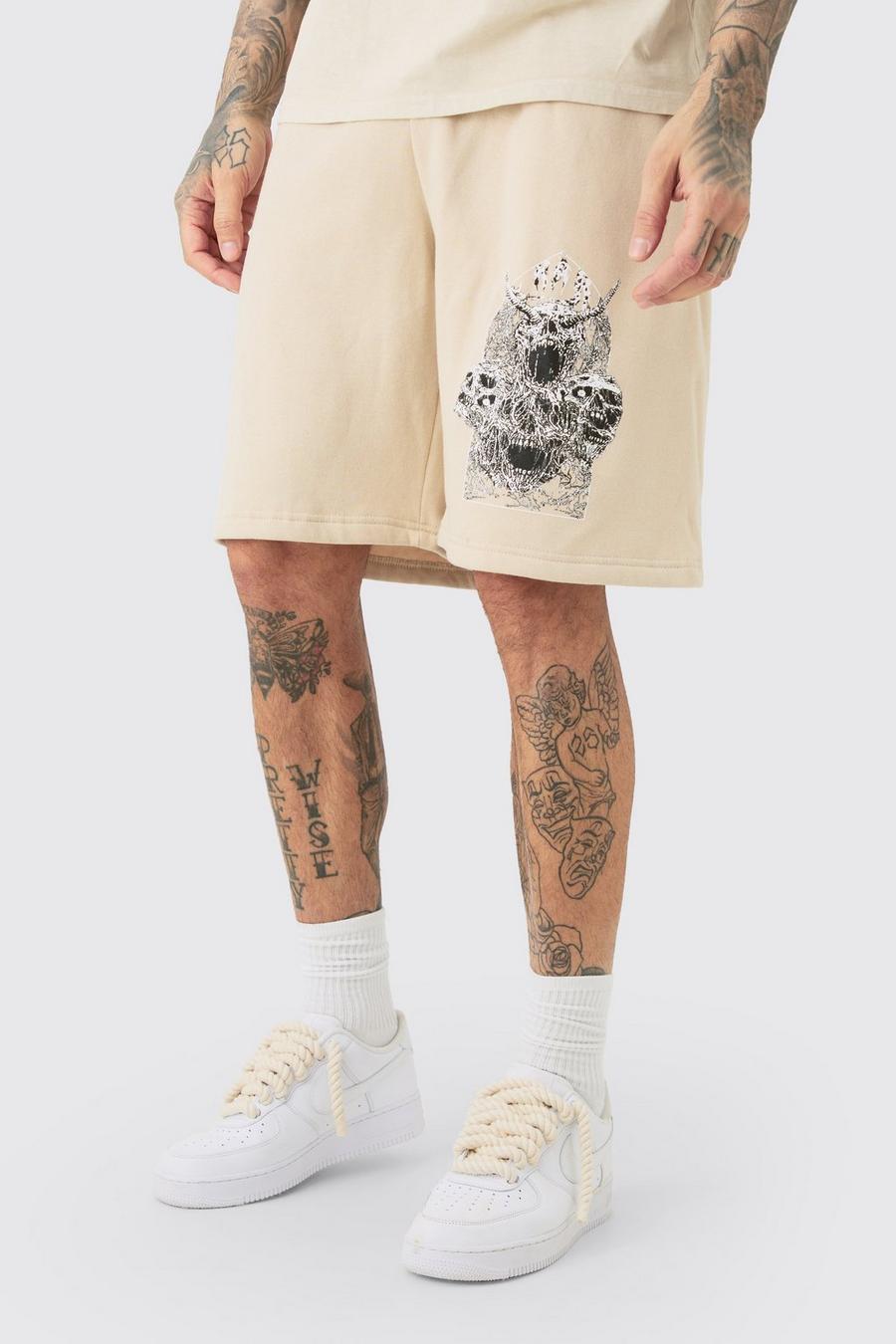 Tall Oversize Jersey-Shorts mit Print, Sand image number 1