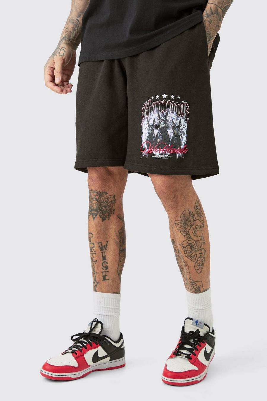 Black Tall Oversized Fit Dog Print Jersey Shorts image number 1