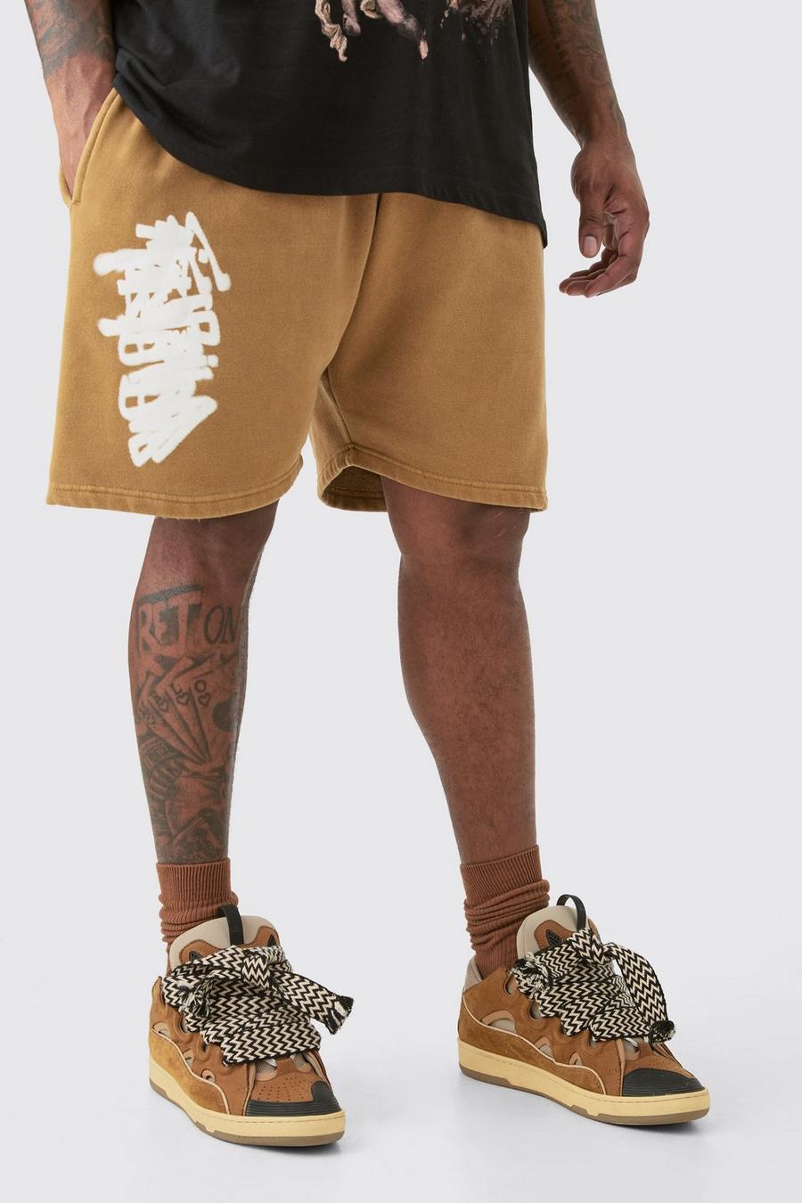 Brown Plus Loose Fit Overdye Graffiti Jersey Shorts