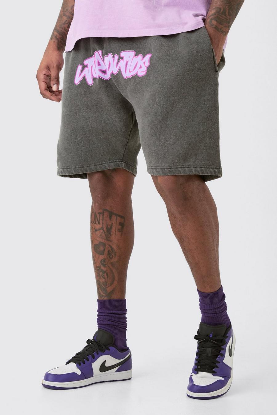 Pantalón corto Plus holgado de tela jersey con grafiti Worldwide sobreteñido, Black image number 1
