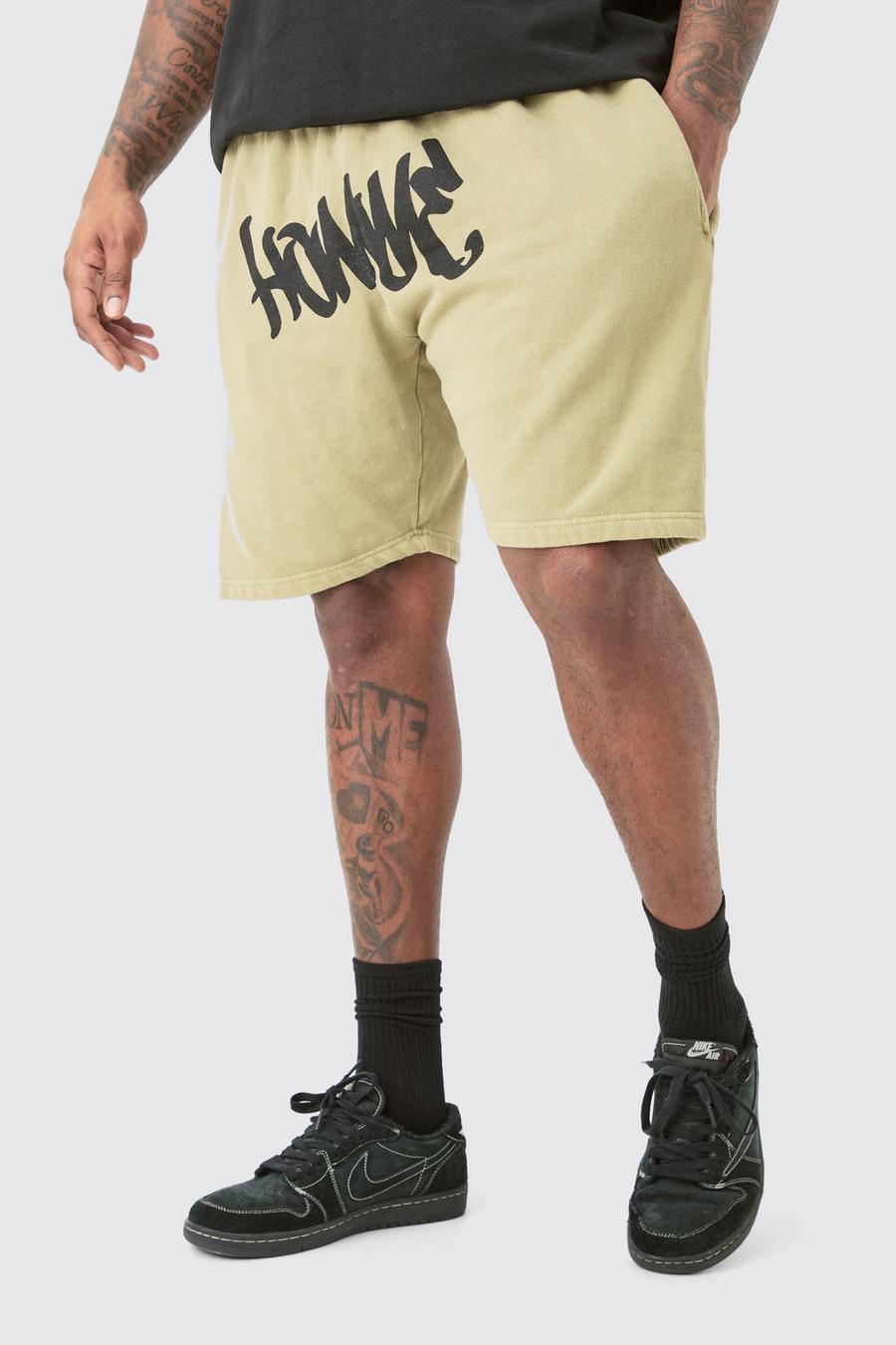 Plus lockere Jersey-Shorts mit Homme Graffiti-Print, Sage