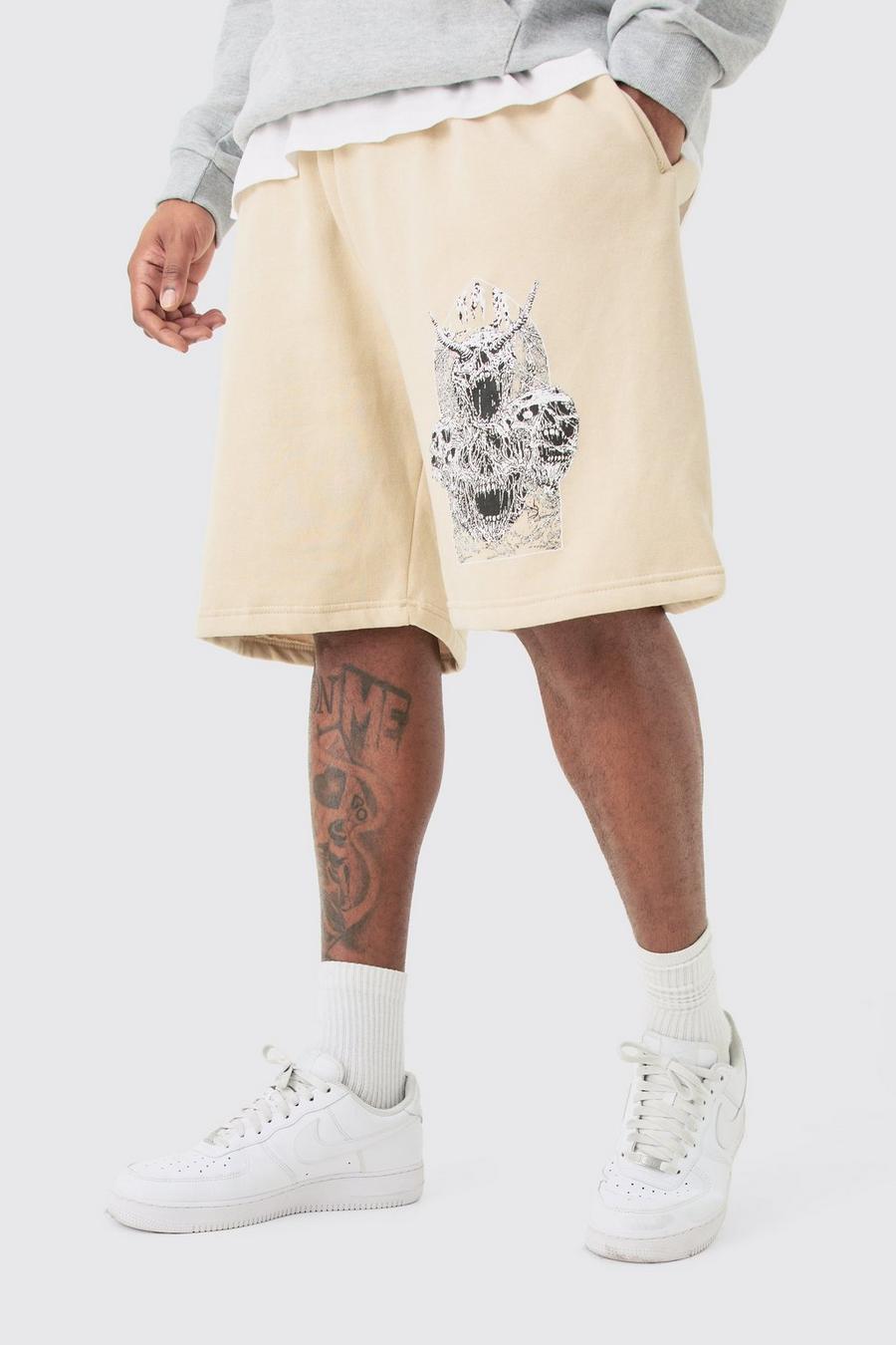 Pantalón corto Plus oversize de tela jersey con estampado gótico, Sand image number 1