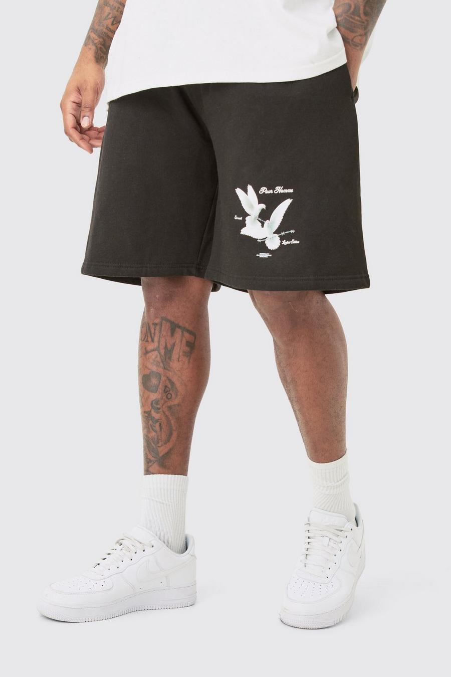 Black Plus Oversized Fit Dove Print Jersey Shorts image number 1