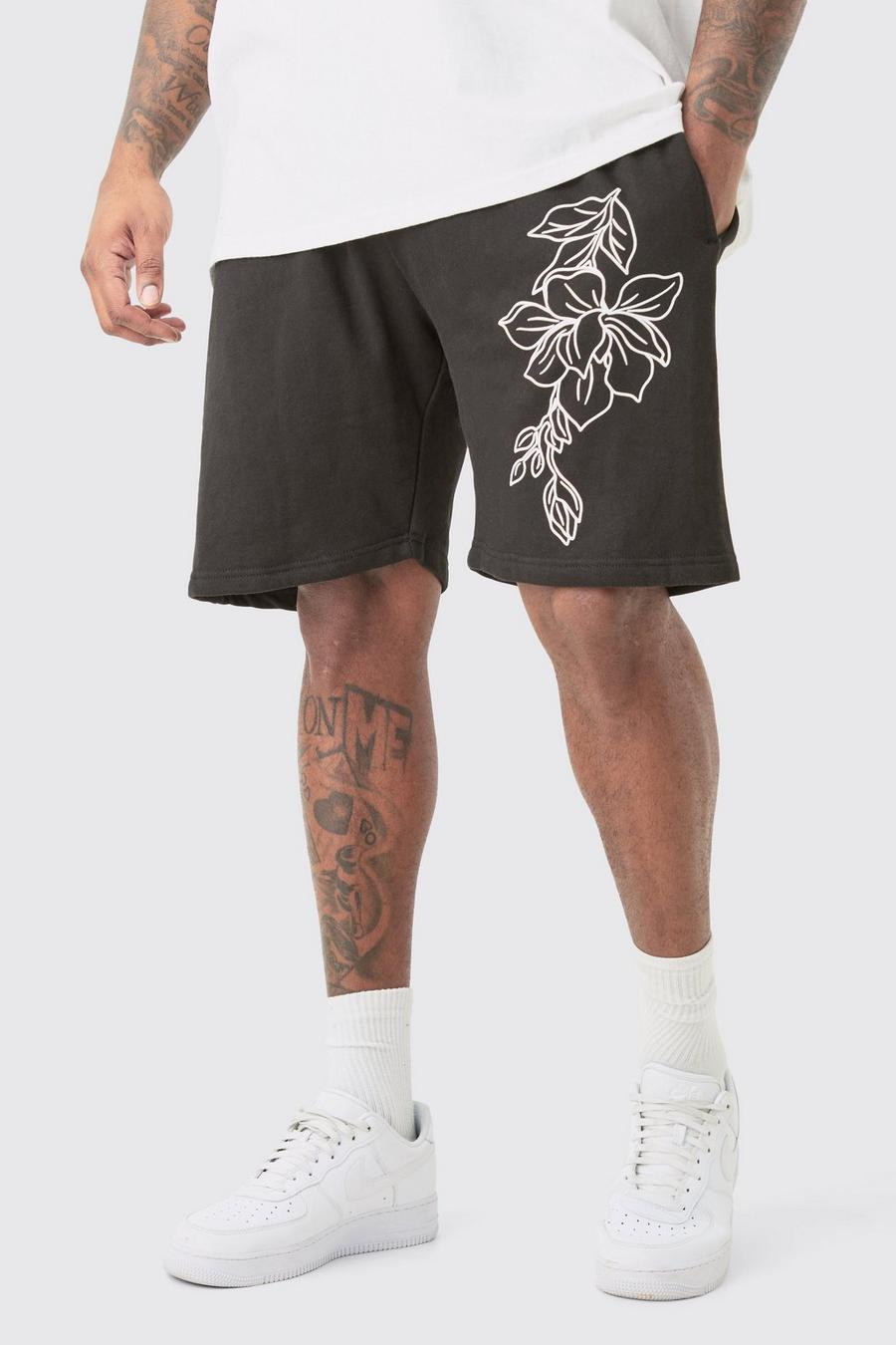 Plus lockere Jersey-Shorts mit Print, Black image number 1