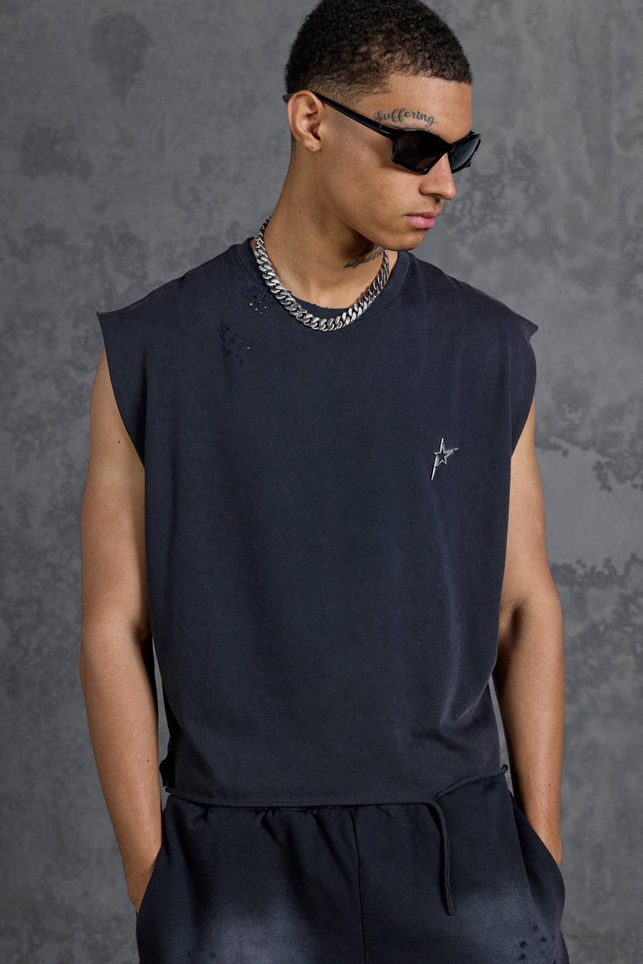 Charcoal Gunna Oversized Cropped Tank With Metal Branding image number 1