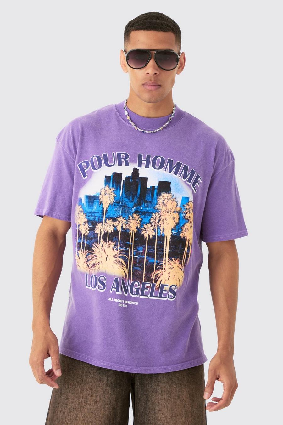 Camiseta oversize con lavado a la piedra y estampado Los Angeles, Purple image number 1