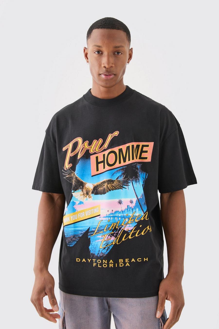 Camiseta oversize con estampado gráfico de paisaje y águila, Black