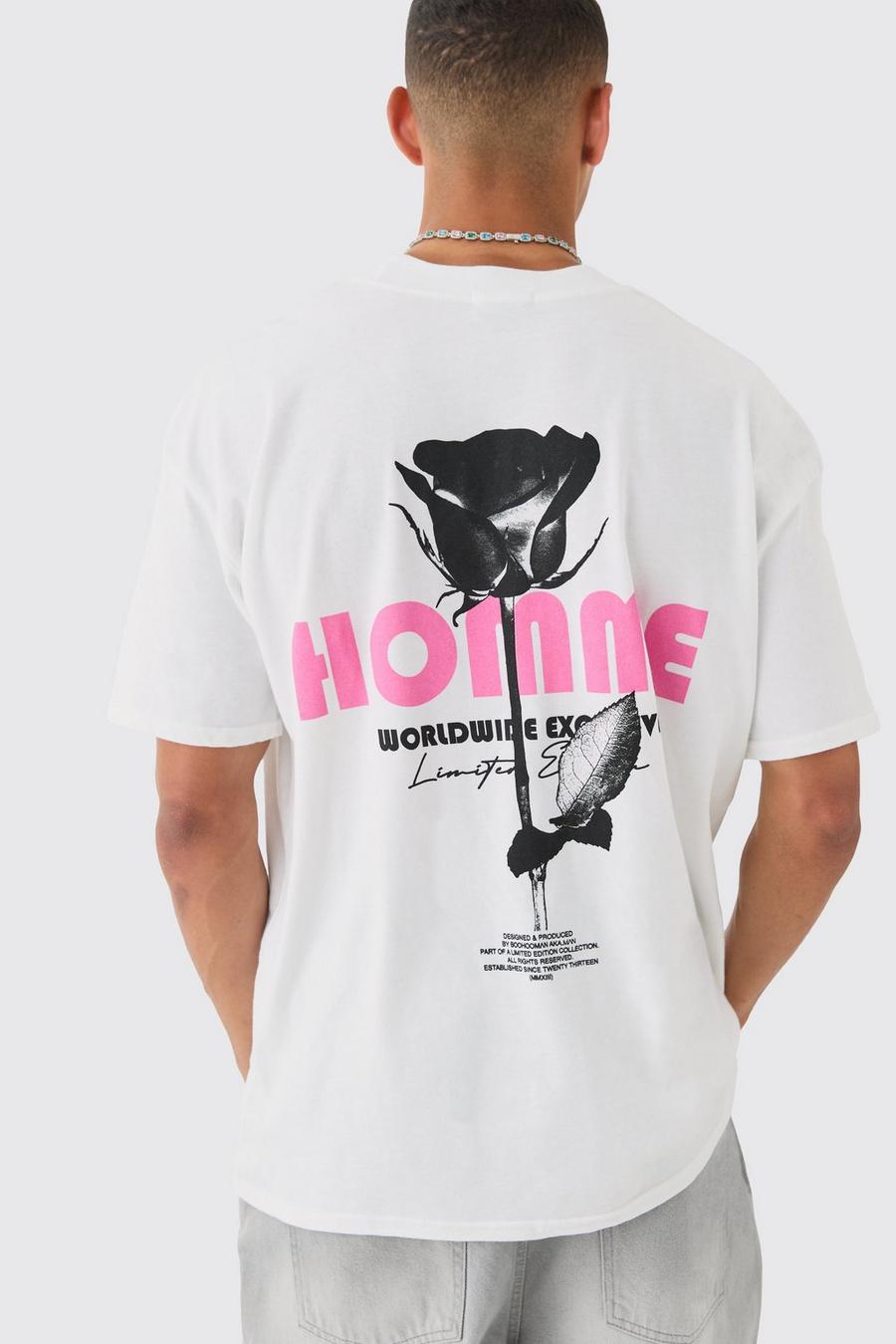 T-shirt oversize Homme con stampa di rose, White image number 1