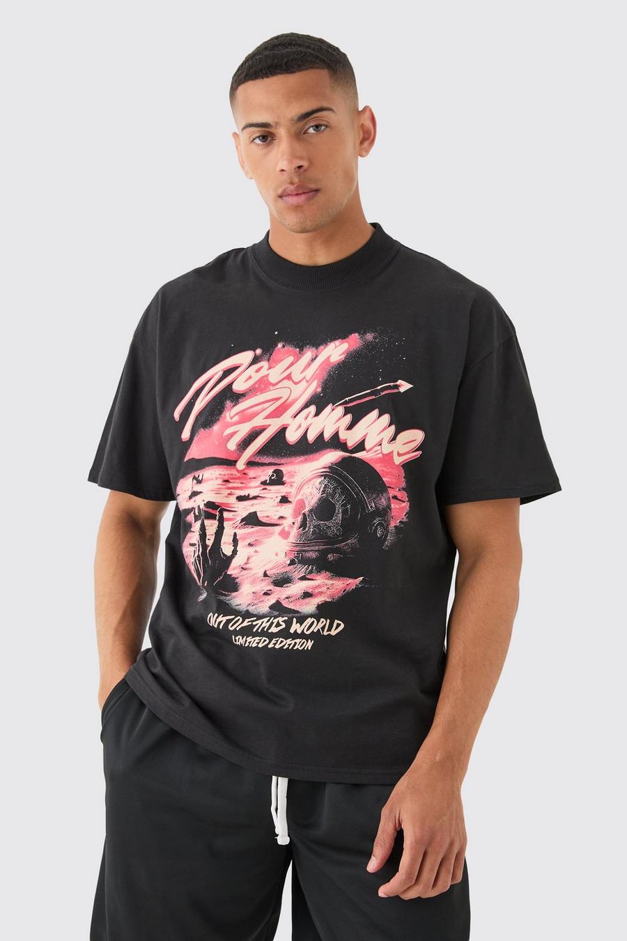 Camiseta oversize con estampado gráfico de calavera espacial, Black