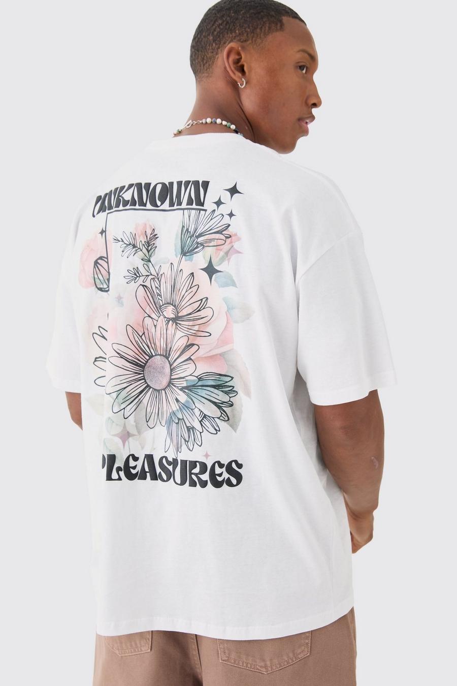 Camiseta oversize con estampado de flores Unknown Pleasures, White