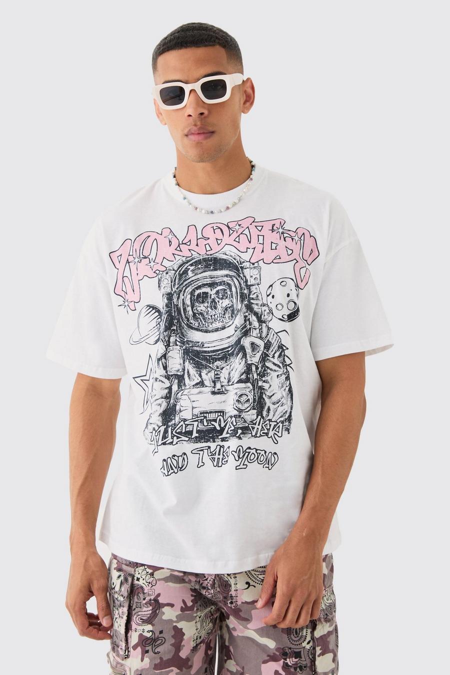 Camiseta oversize con estampado gráfico de astronauta y calavera, White