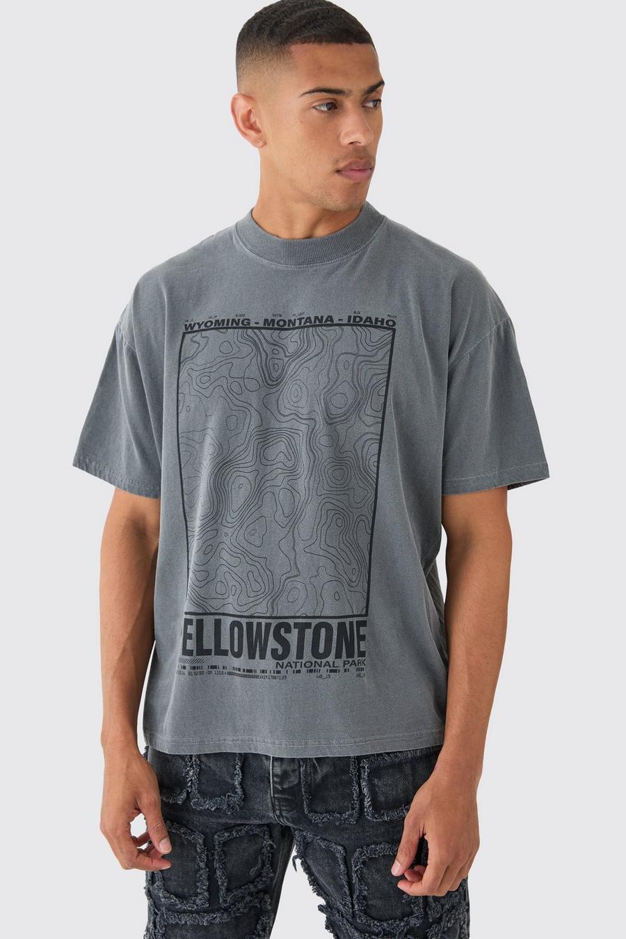 Charcoal Oversized Yellowstone Stencil Print Wash T-shirt image number 1