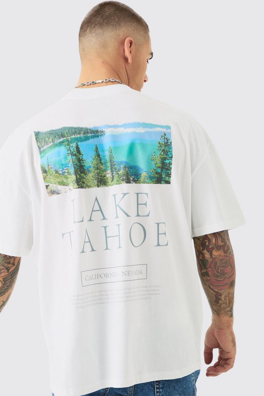 White Oversized Lake Tahore Landscape Back Print T-shirt
