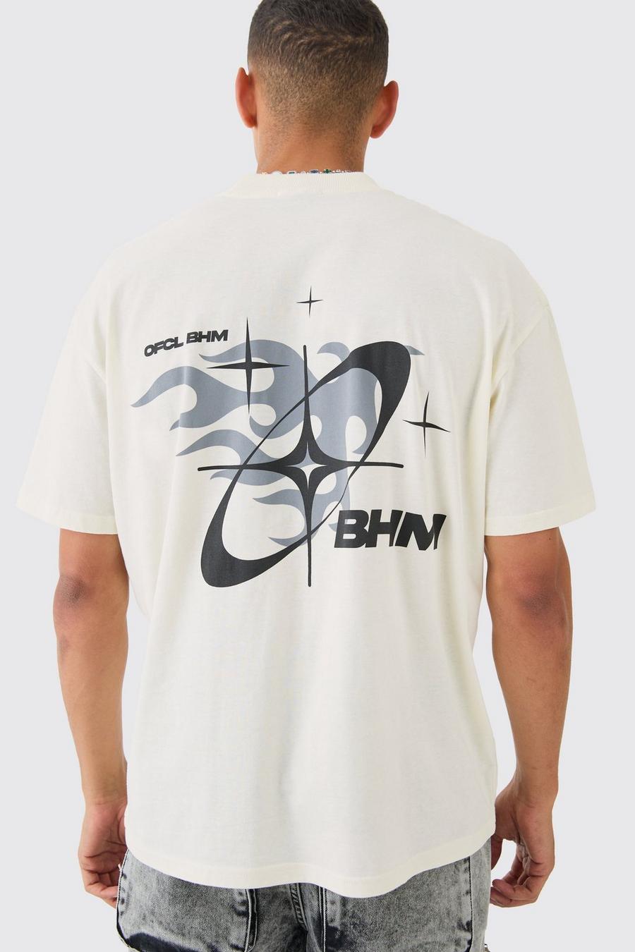 Camiseta oversize recta con cuello extendido y estampado de llamas BHM en la espalda, Ecru image number 1