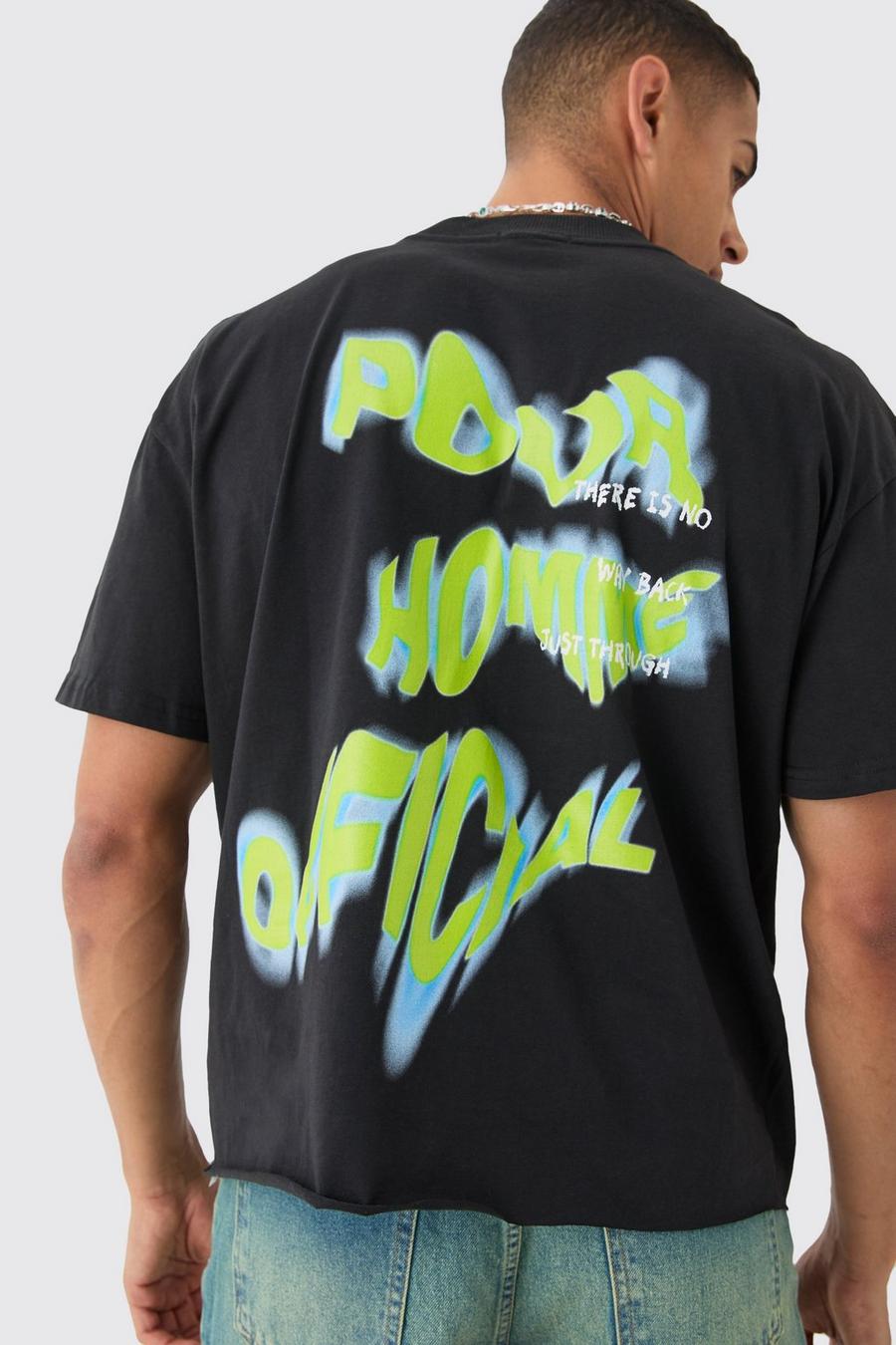 T-shirt squadrata oversize con stampa Homme e girocollo esteso, Black image number 1