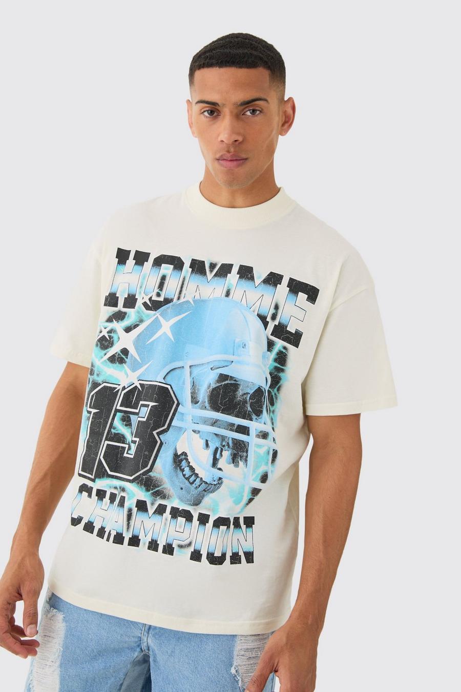 Ecru Oversized Halmet Gebleekt Varsity T-Shirt Met Brede Nek image number 1