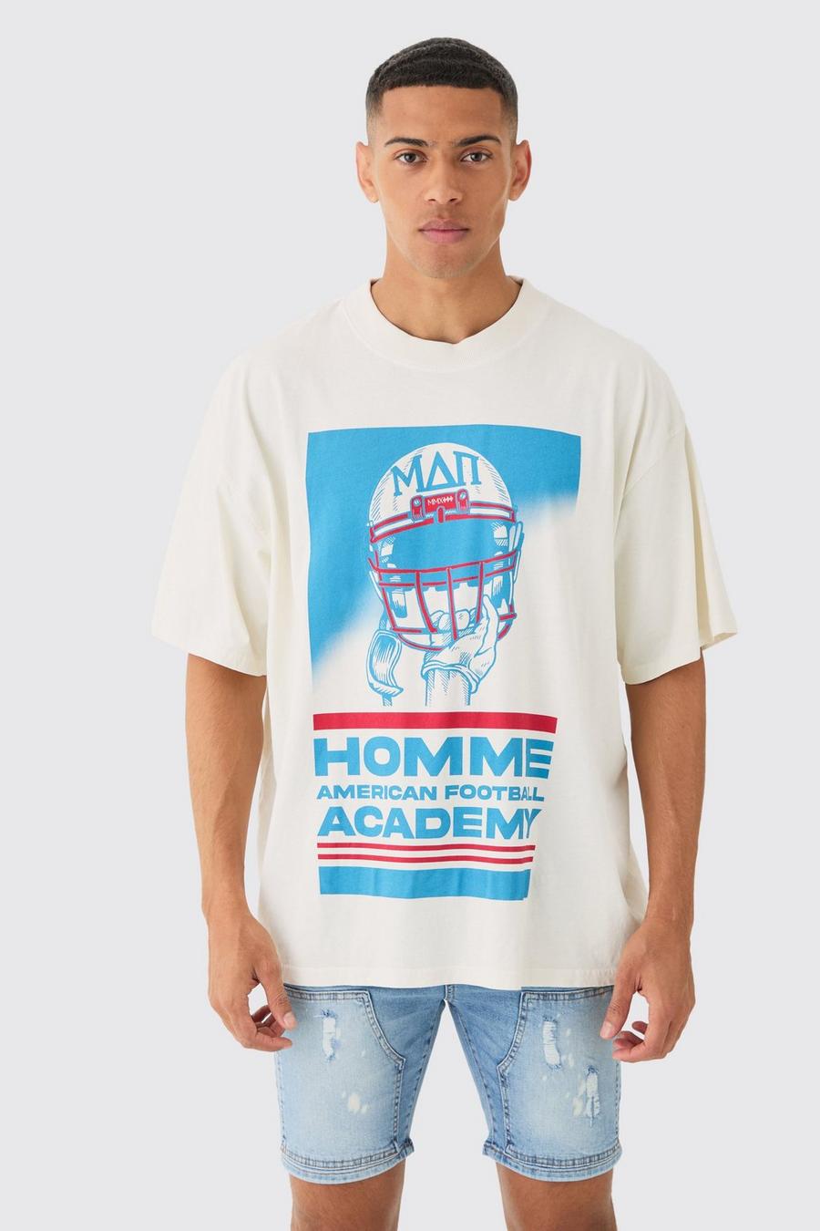 Ecru Oversized Extended Neck Wash Academy Varsity T-shirt