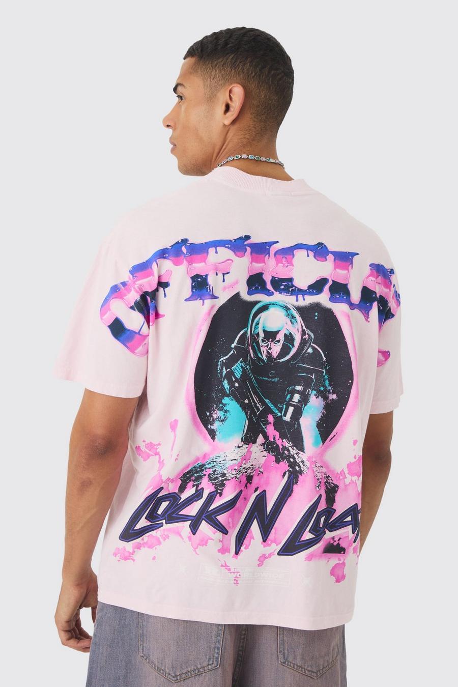 Pink Oversized Extended Neck Over The Seam Wash Space Back Print T-shirt image number 1