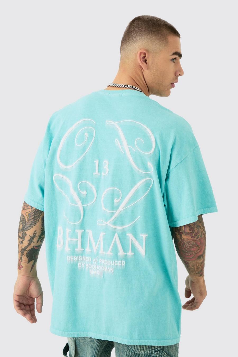 Oversized Washed BHMAN Print T-shirt, Blue image number 1