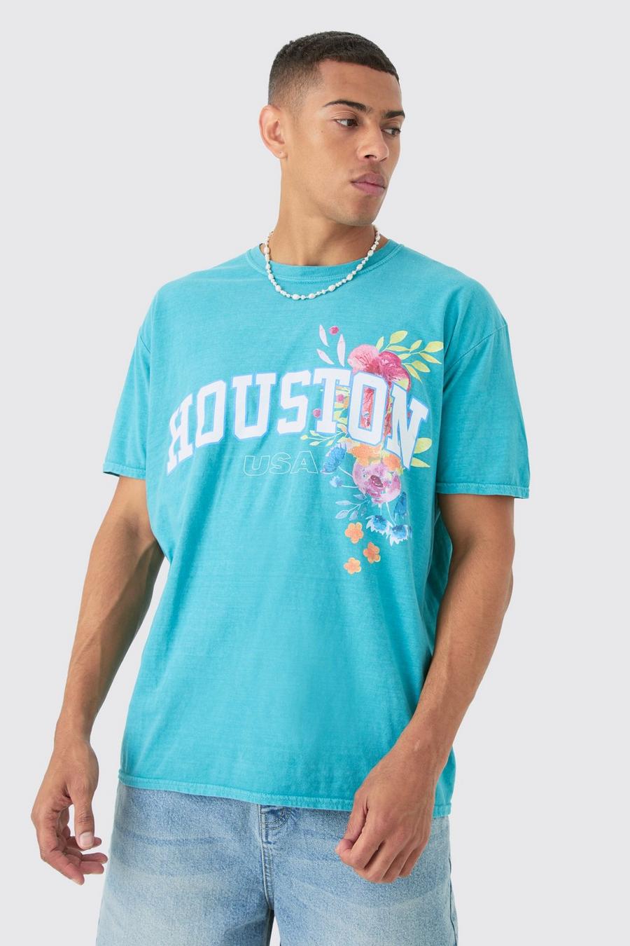 T-shirt oversize à col ras-du-cou et slogan Houston, Green image number 1