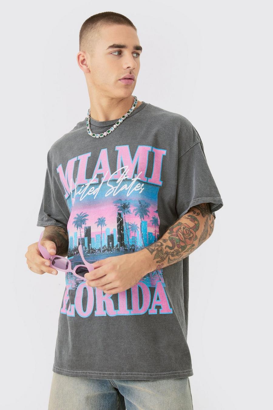 Charcoal Oversized Miami Florida Printed Wash T-shirt
