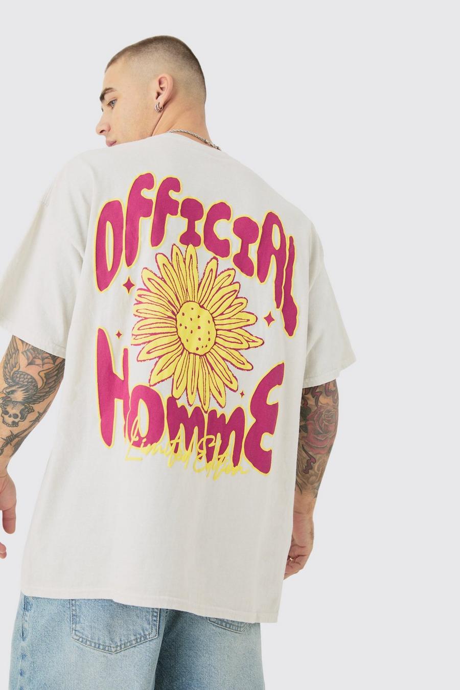 Camiseta oversize desteñida con estampado de flores en relieve, Ecru