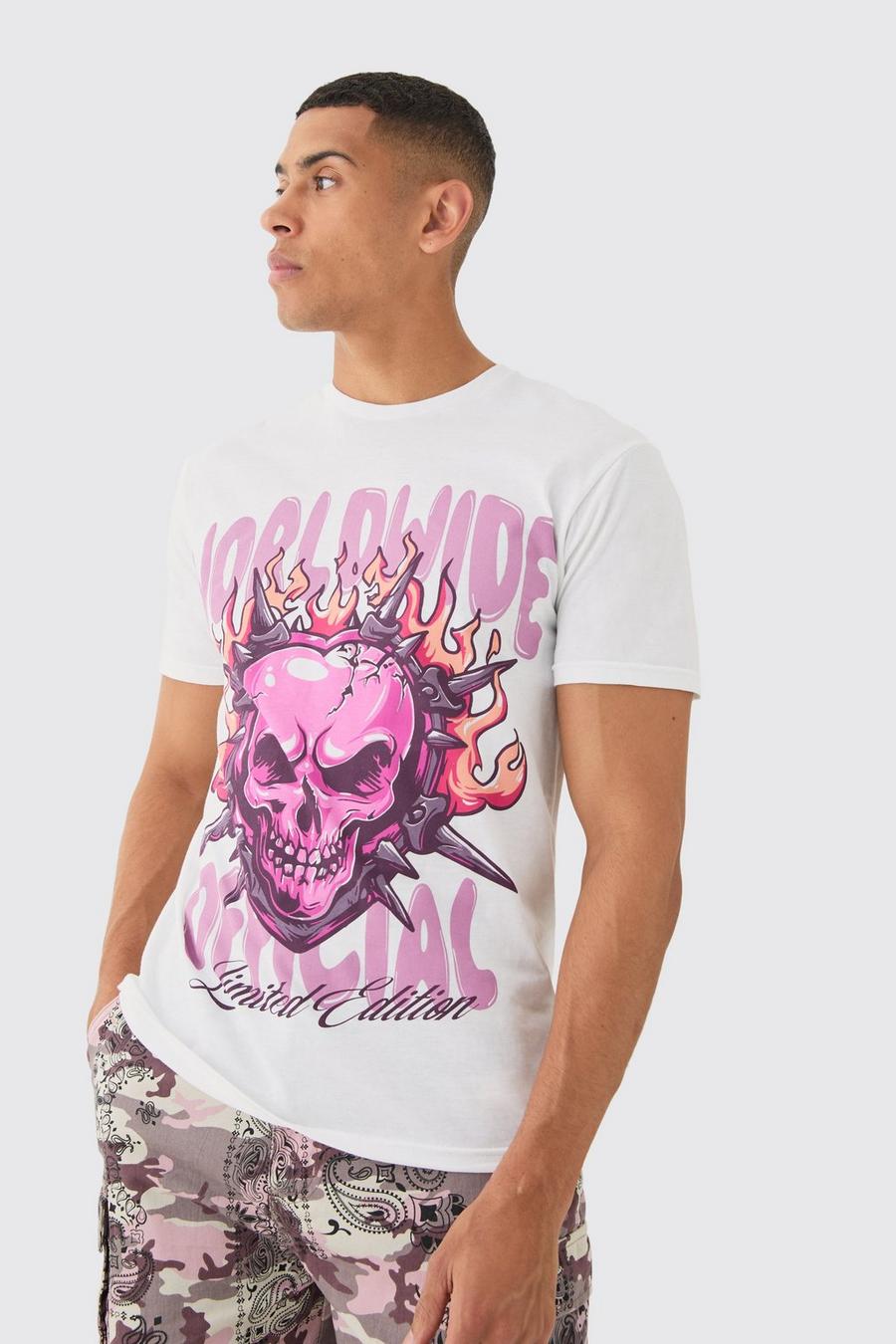 Oversize T-Shirt mit Totenkopf Flammen-Print, White