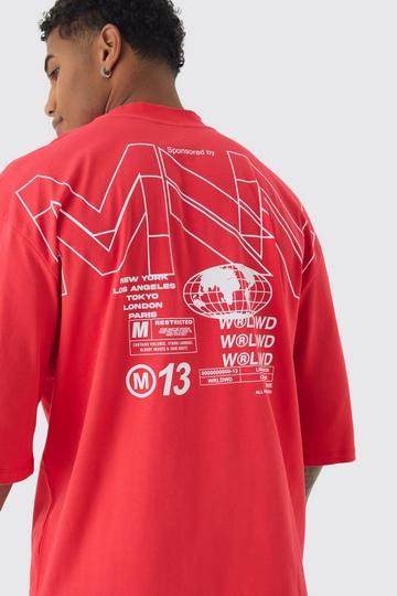 Red Oversized Extended Neck Back World Graphic T-shirt