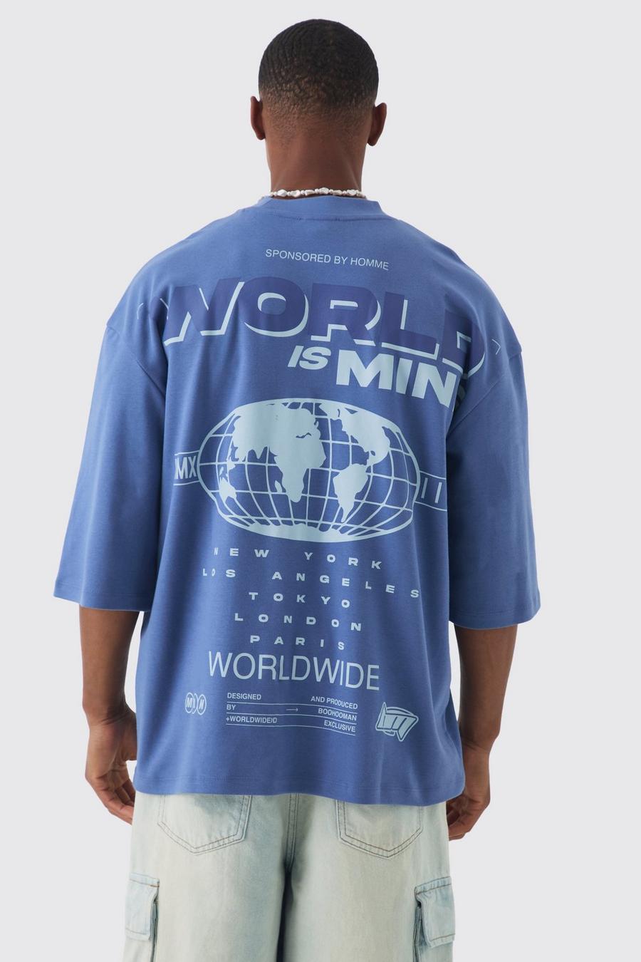 Dark blue Oversized Extended Neck Heavy Interlock World T-shirt
