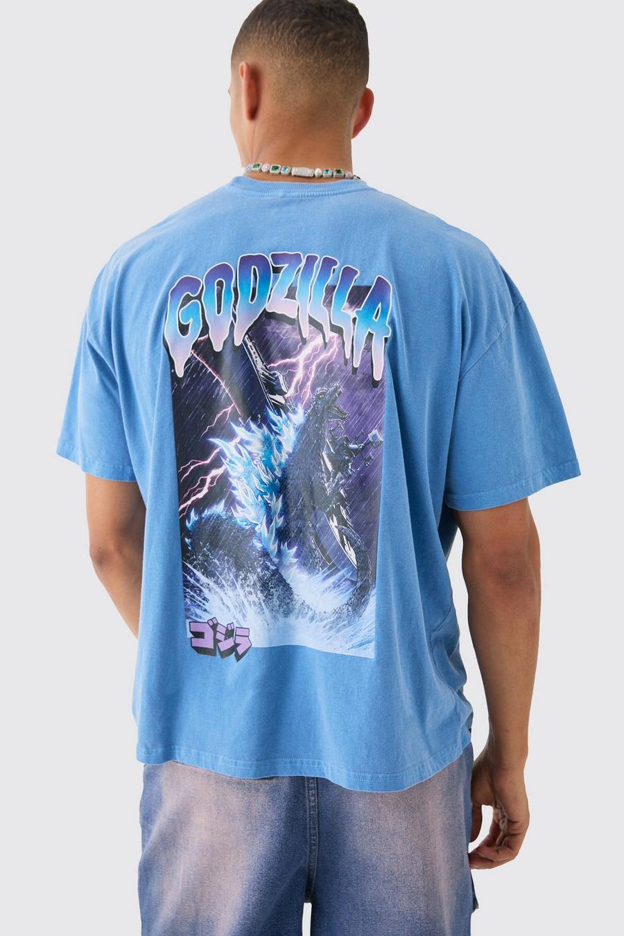 Blue Oversized Godzilla Anime Wash License Back Print T-shirt