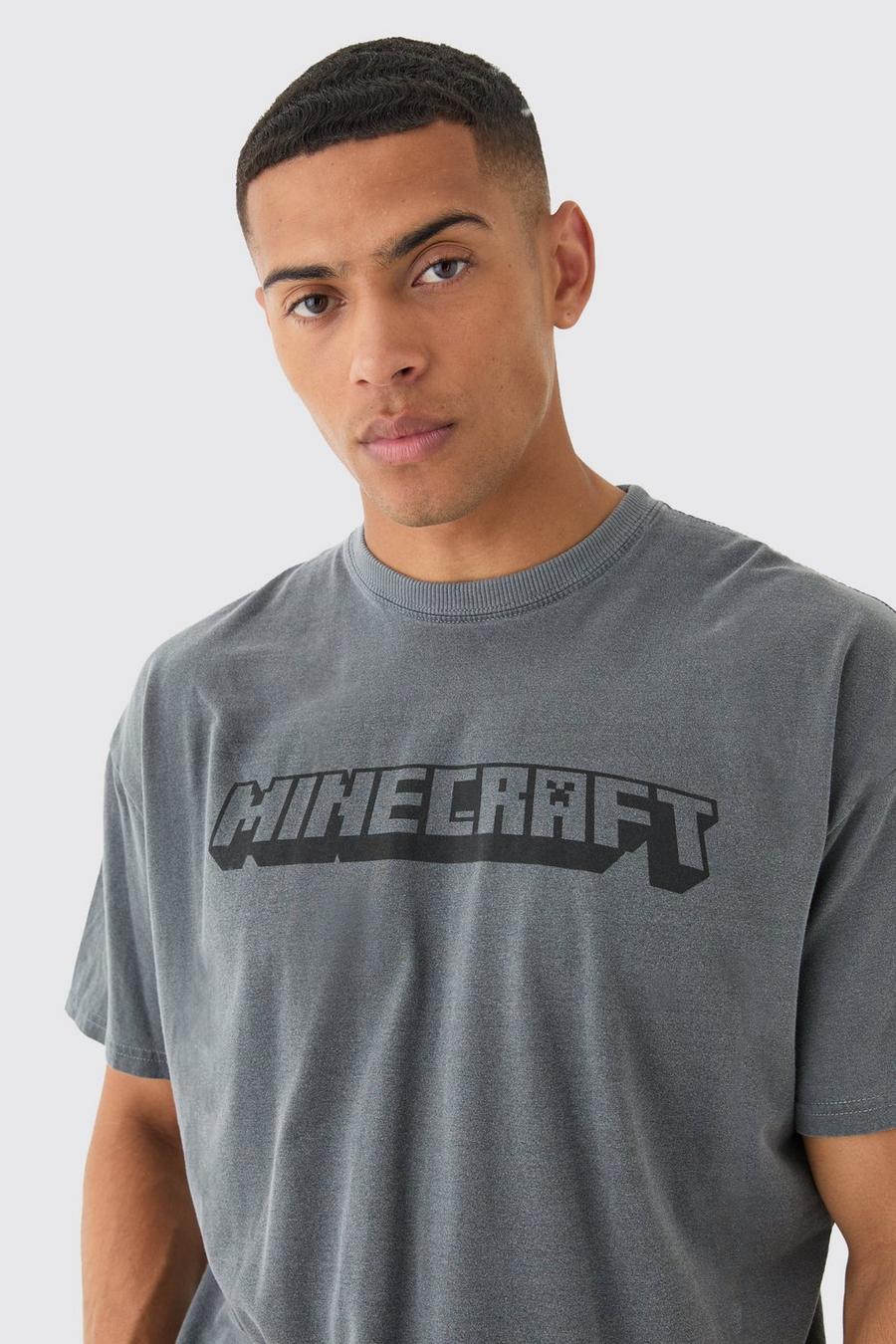 T-shirt oversize délavé à imprimé Minecraft, Charcoal
