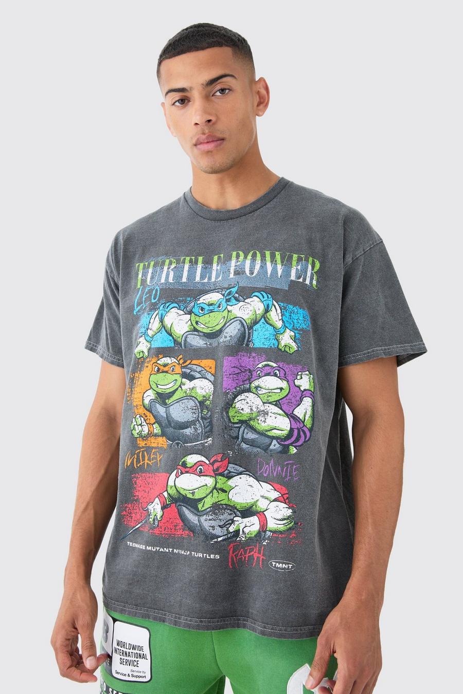Camiseta oversize con lavado a la piedra y estampado de las Tortugas Ninja, Charcoal image number 1